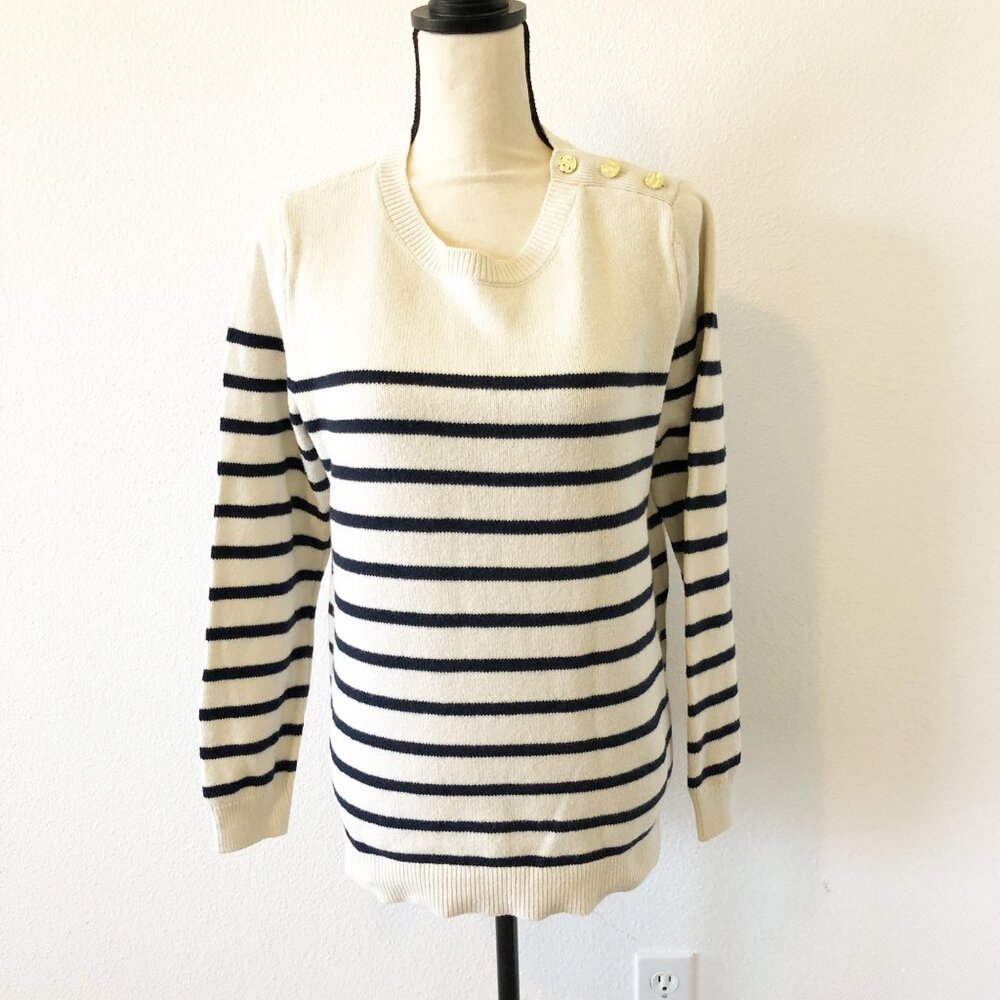 J. JILL Sweater Womens Medium Striped White Navy Knit Crew Neck Button Collar